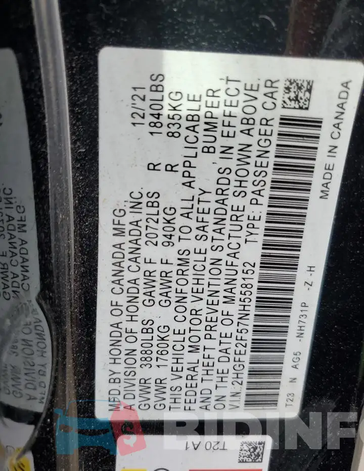2HGFE2F57NH558152 Photo# 13