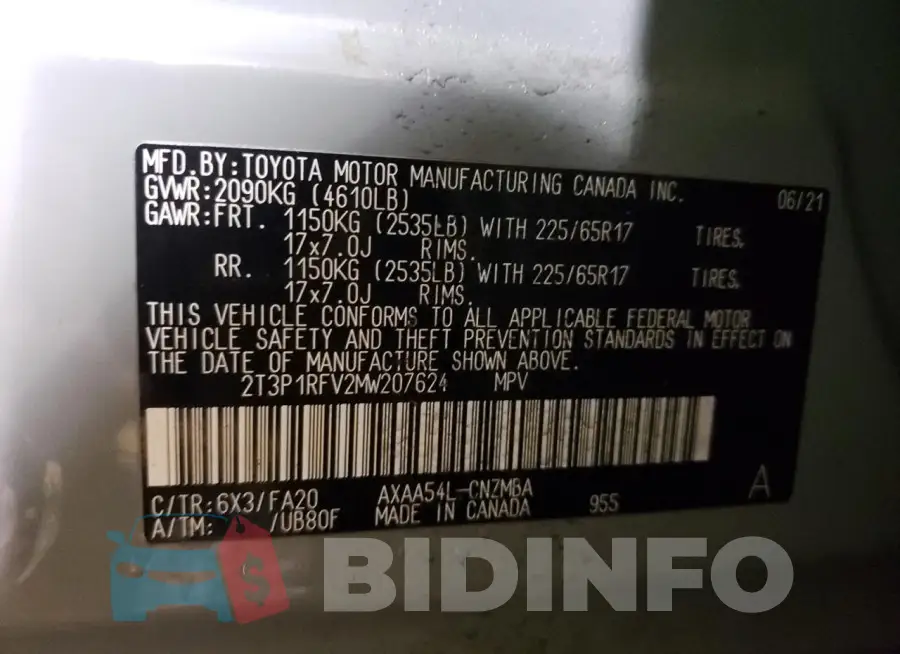 2T3P1RFV2MW207624 Photo# 14