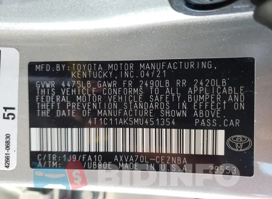 4T1C11AK5MU451354 Photo# 10