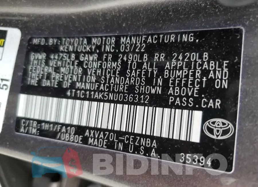 4T1C11AK5NU036312 Photo# 12