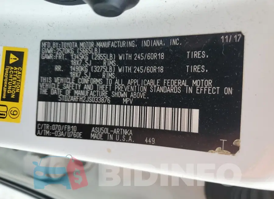 5TDZARFH2JS033876 Photo# 13