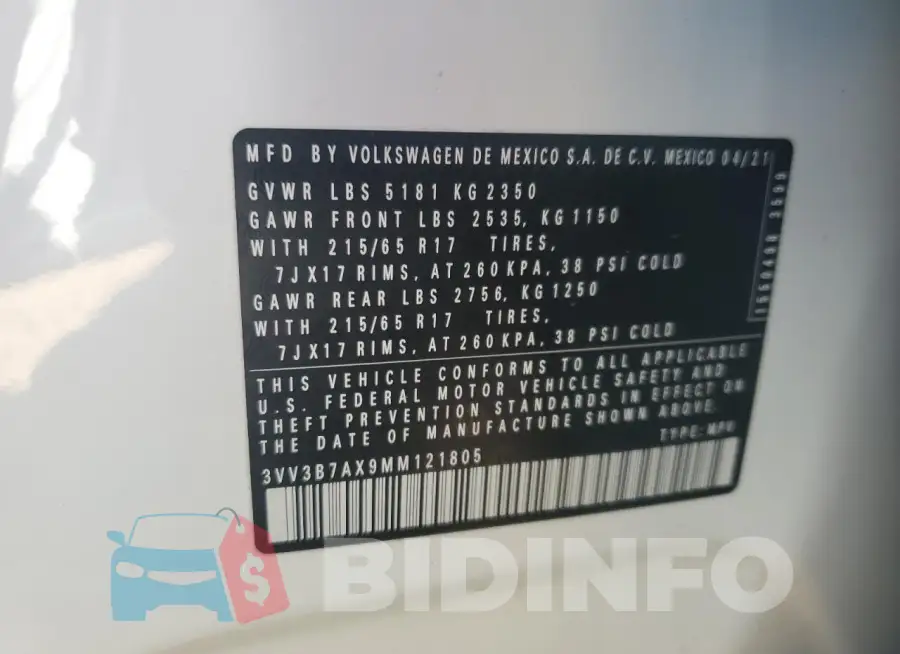 3VV3B7AX9MM121805 Photo# 13