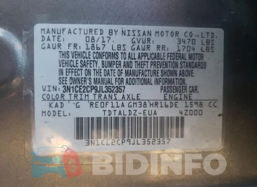 3N1CE2CP9JL352357 Photo# 13