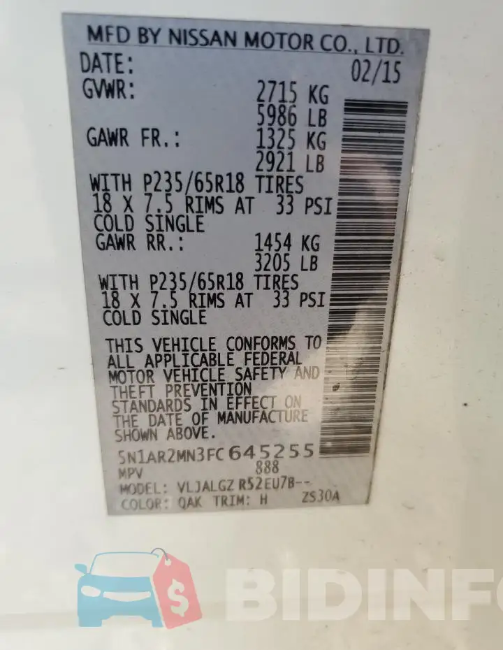 5N1AR2MN3FC645255 Photo# 14