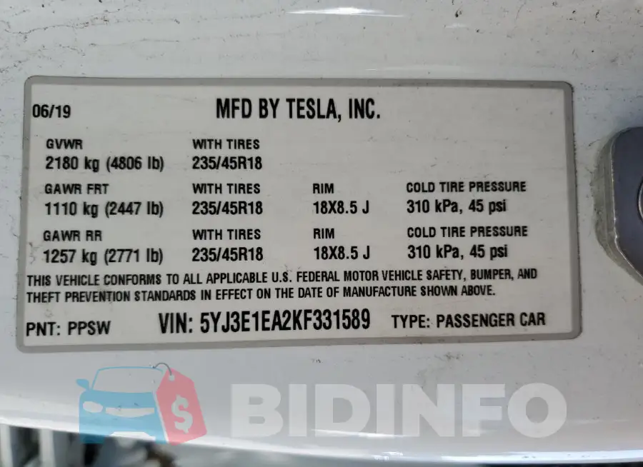 5YJ3E1EA2KF331589 Photo# 12