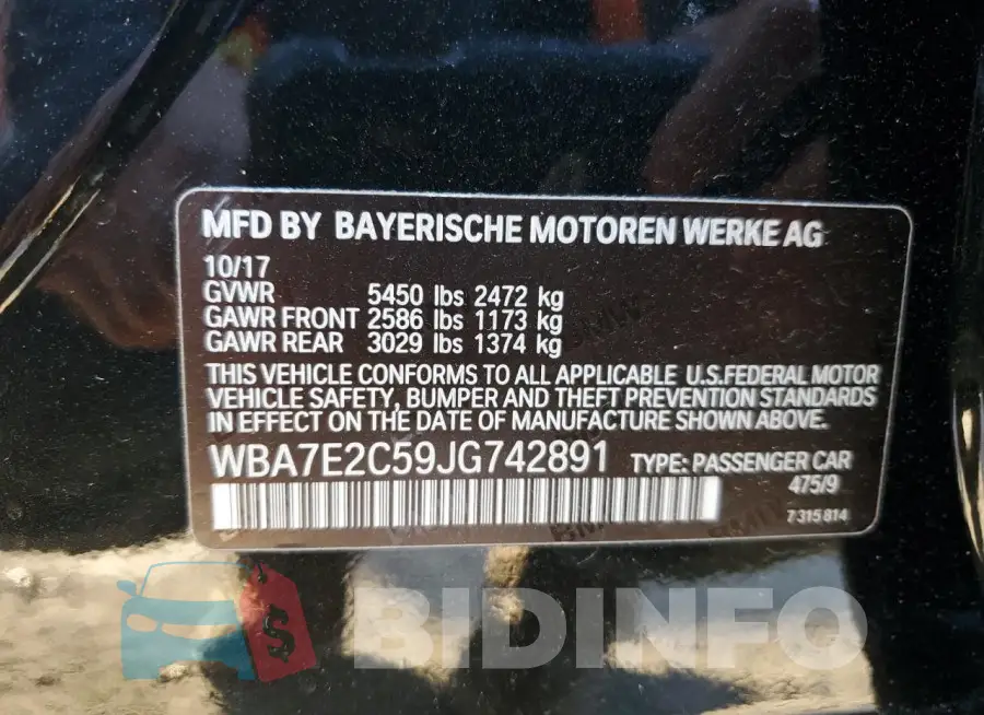 WBA7E2C59JG742891 Photo# 12