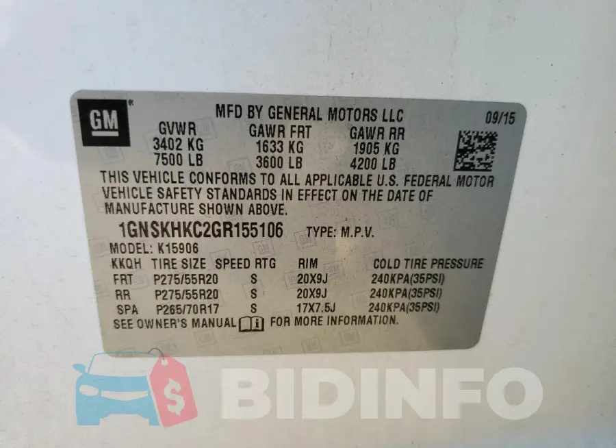 1GNSKHKC2GR155106 Photo# 14
