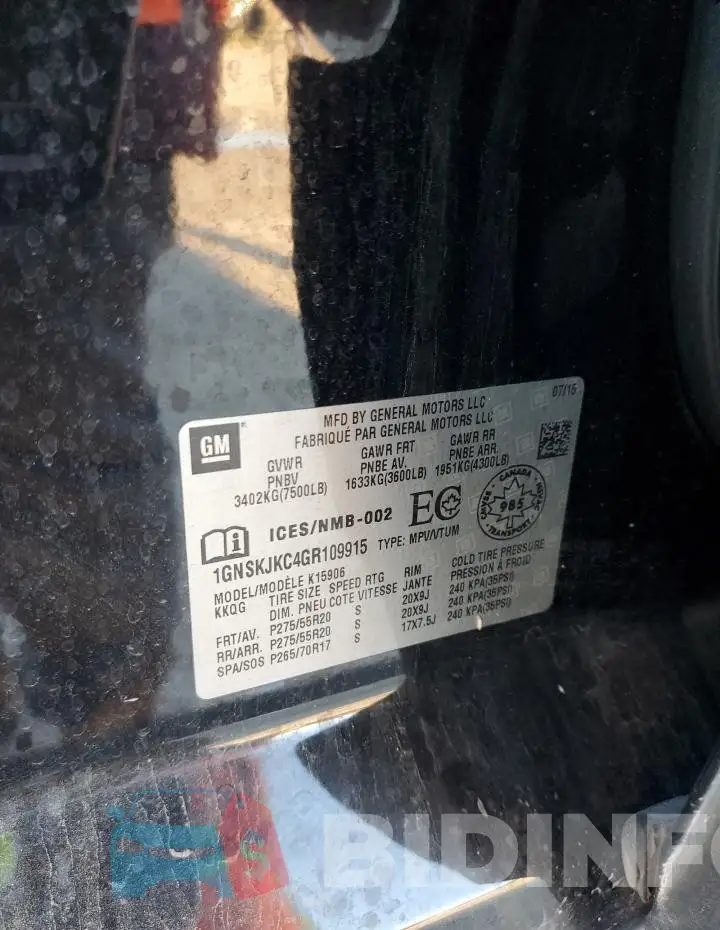1GNSKJKC4GR109915 Photo# 12