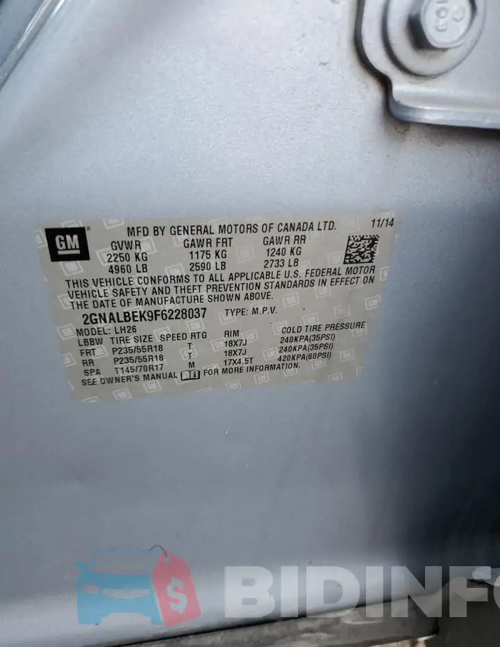 2GNALBEK9F6228037 Photo# 13