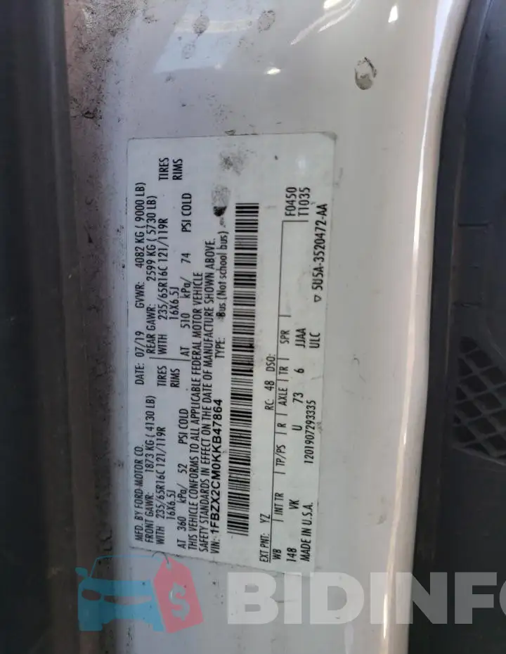 1FBZX2CM0KKB47864 Photo# 13