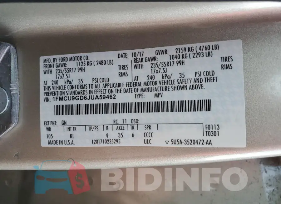 1FMCU9GD6JUA59462 Photo# 12