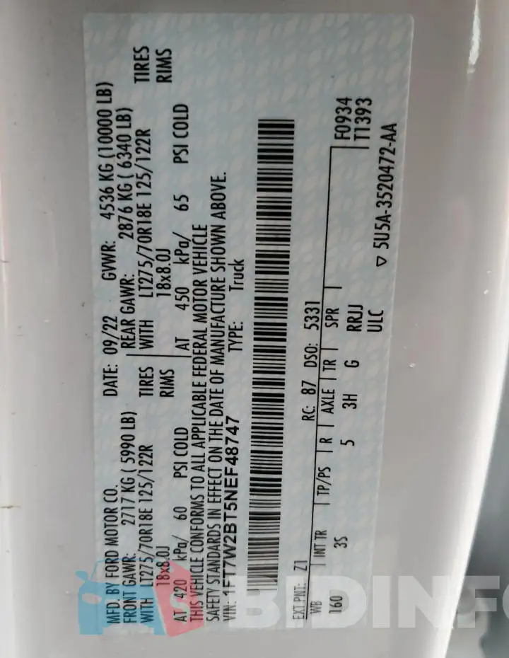1FT7W2BT5NEF48747 Photo# 12