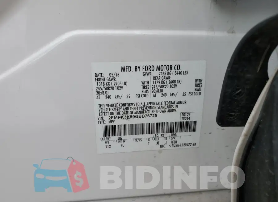 2FMPK3K89GBB76725 Photo# 13