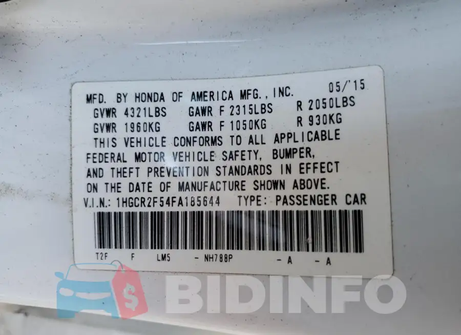 1HGCR2F54FA185644 Photo# 12