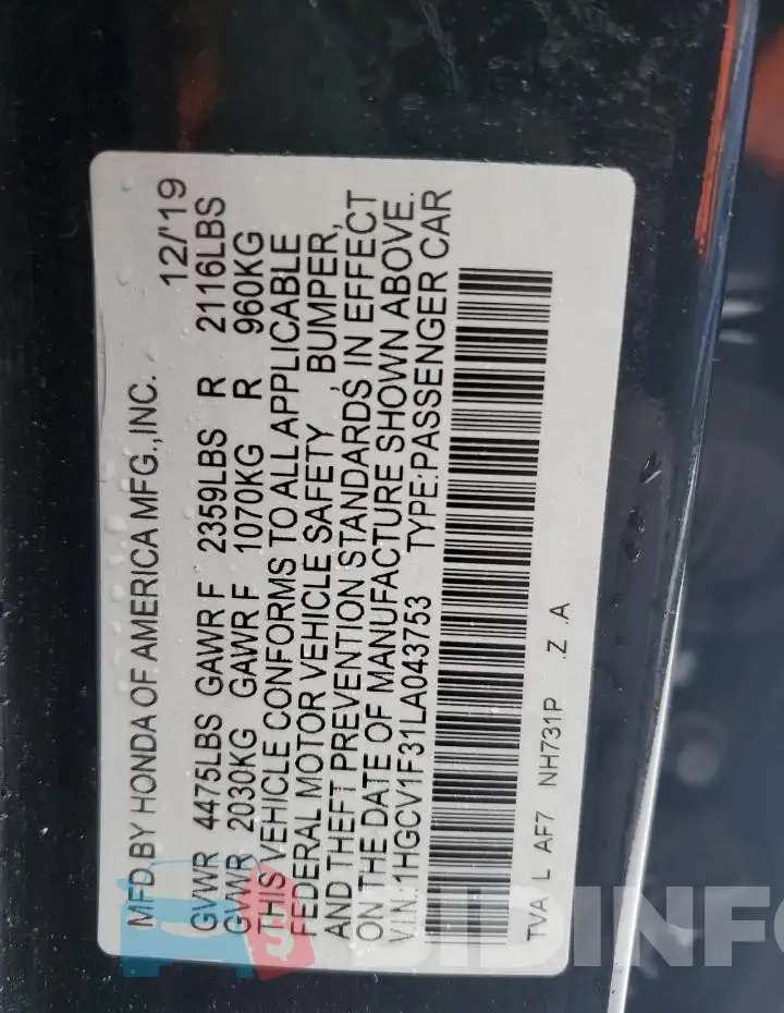 1HGCV1F31LA043753 Photo# 12