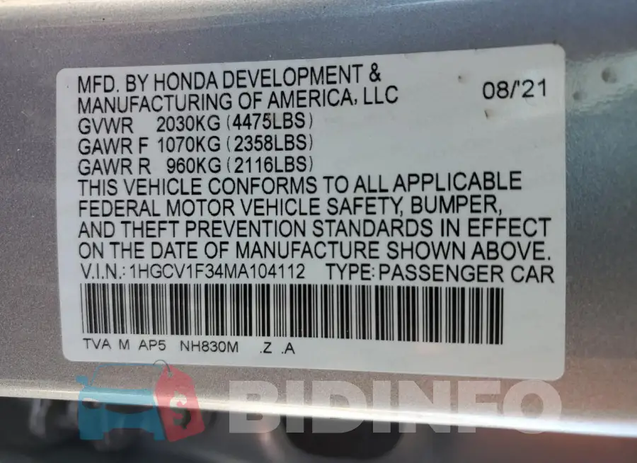 1HGCV1F34MA104112 Photo# 13