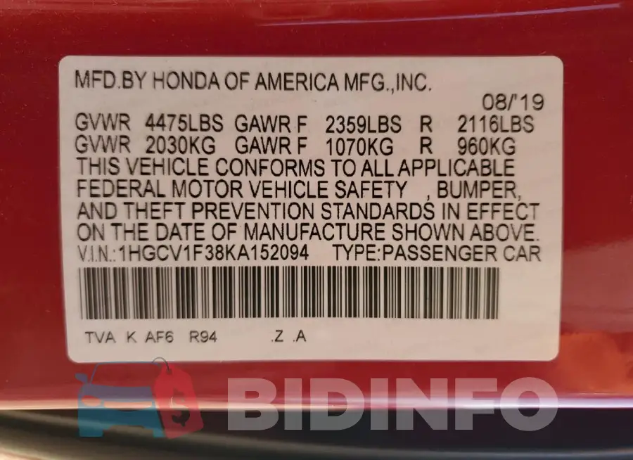 1HGCV1F38KA152094 Photo# 12