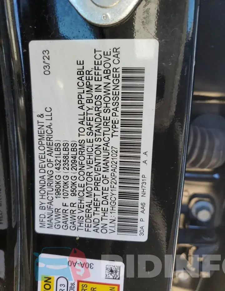 1HGCY1F2XPA021027 Photo# 12