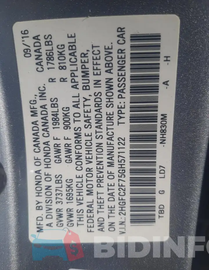 2HGFC2F75GH571122 Photo# 13