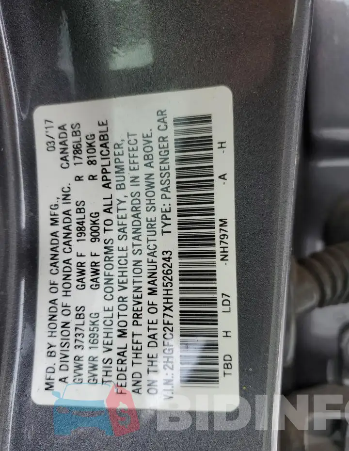 2HGFC2F7XHH526243 Photo# 12