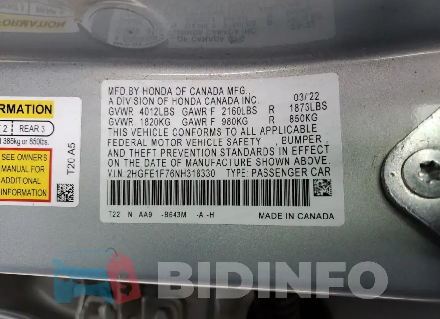2HGFE1F76NH318330 Photo# 13