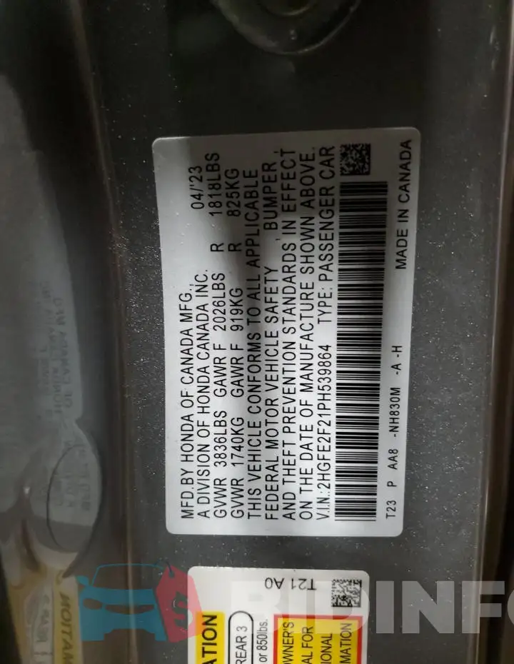 2HGFE2F21PH539864 Photo# 13