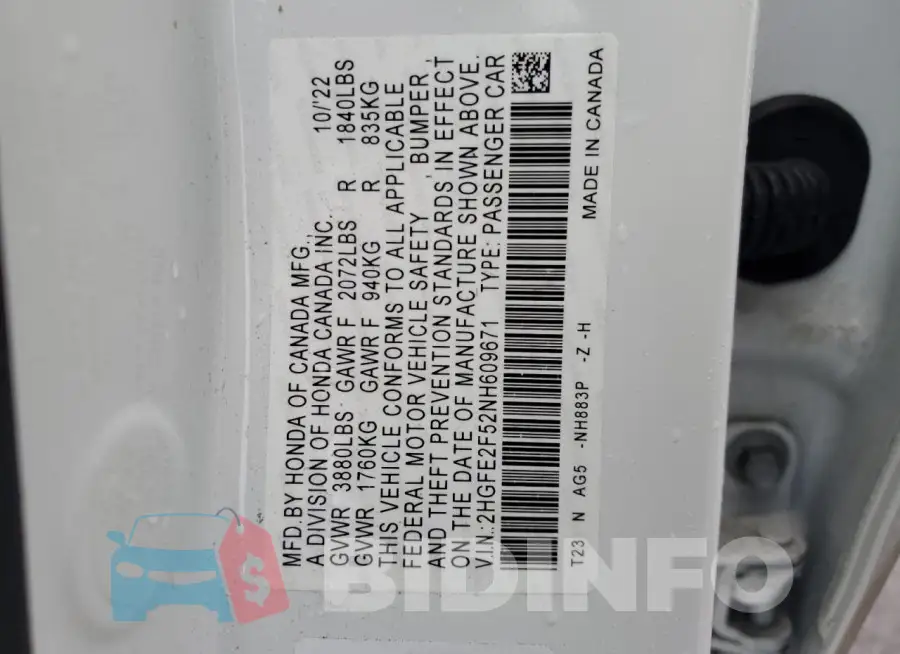 2HGFE2F52NH609671 Photo# 12