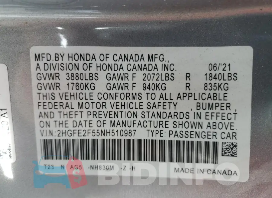 2HGFE2F55NH510987 Photo# 12