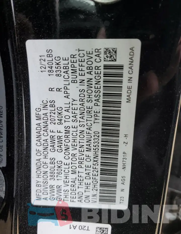 2HGFE2F5XNH553320 Photo# 12