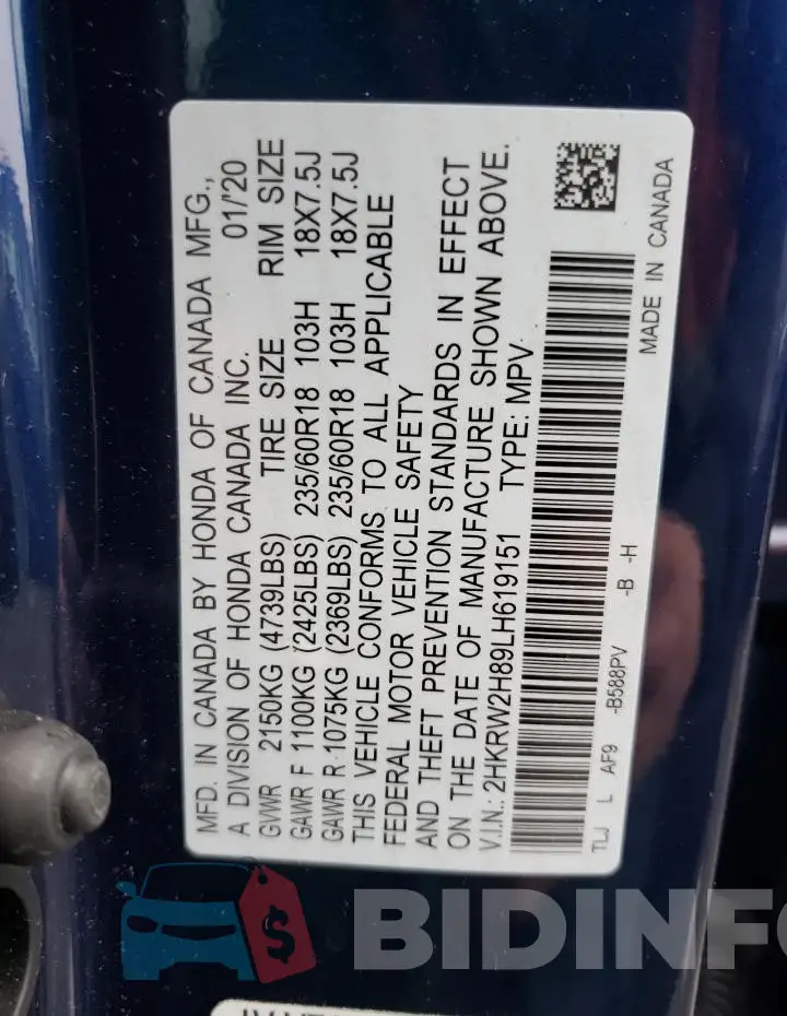 2HKRW2H89LH619151 Photo# 12