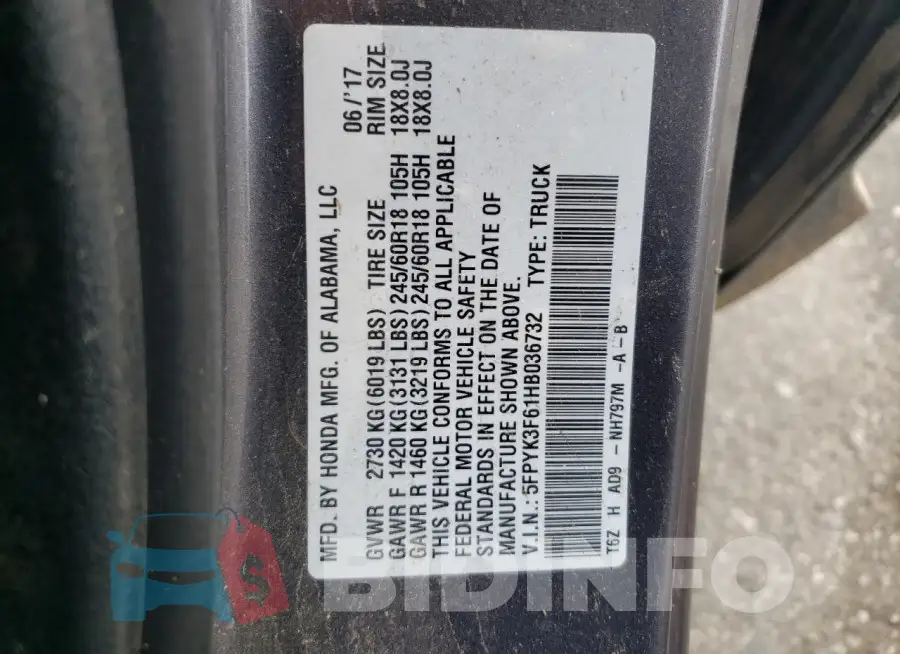 5FPYK3F61HB036732 Photo# 12