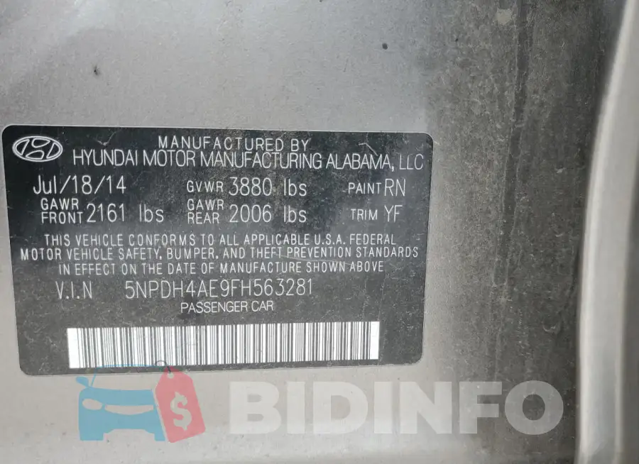 5NPDH4AE9FH563281 Photo# 12