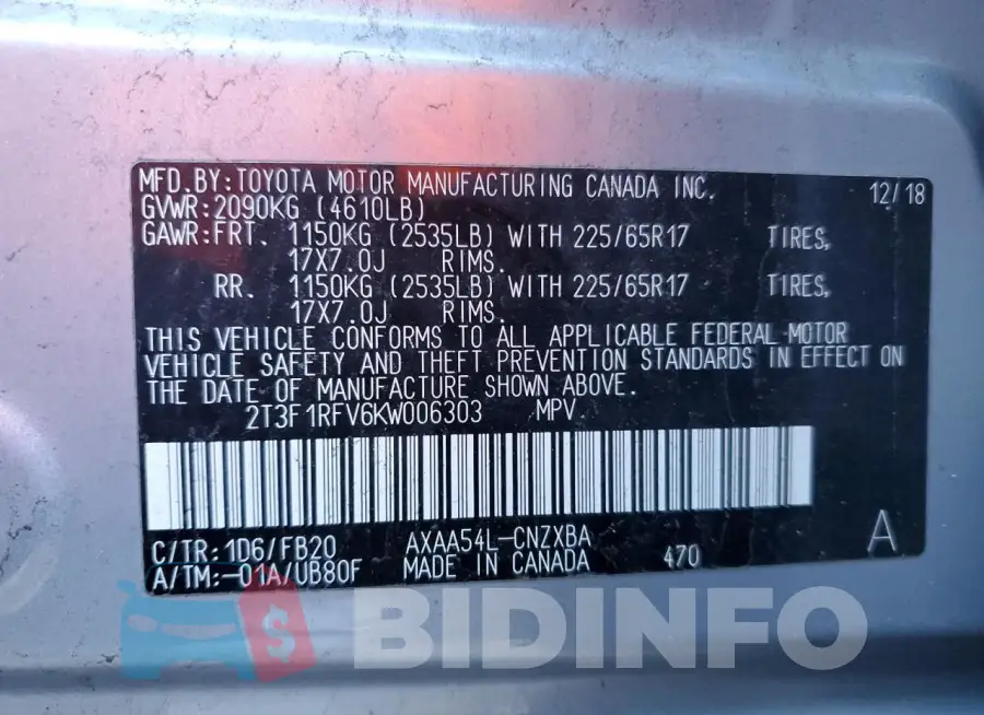 2T3F1RFV6KW006303 Photo# 12