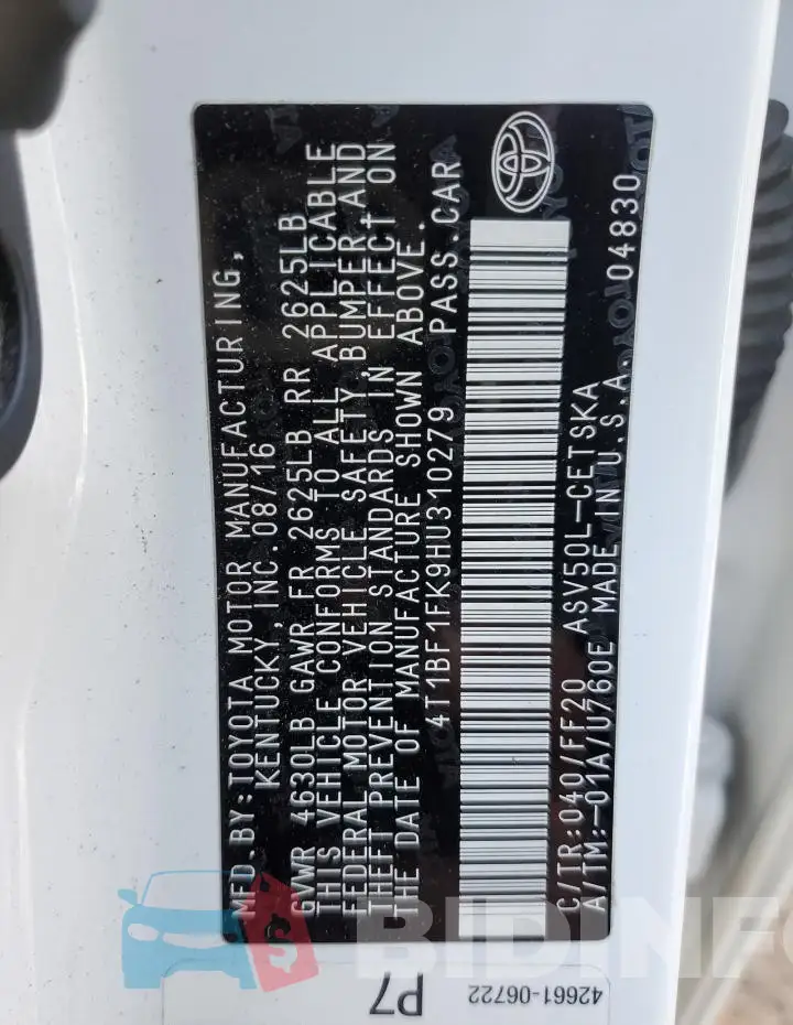 4T1BF1FK9HU310279 Photo# 12