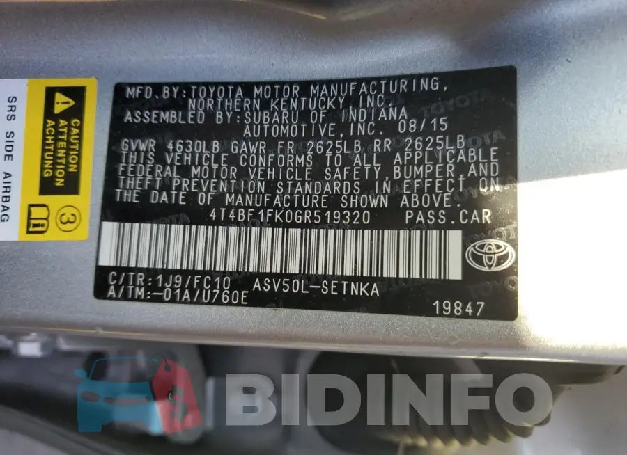 4T4BF1FK0GR519320 Photo# 12