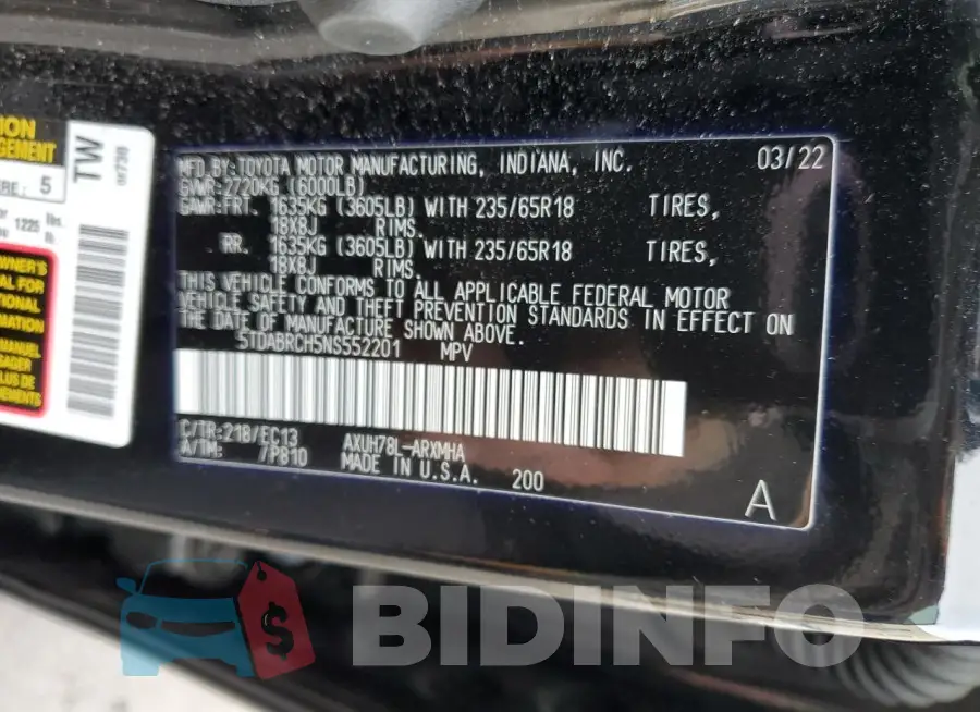 5TDABRCH5NS552201 Photo# 14
