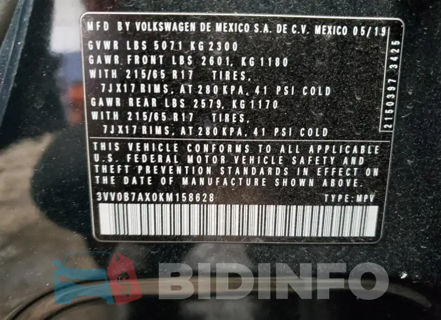3VV0B7AX0KM158628 Photo# 13