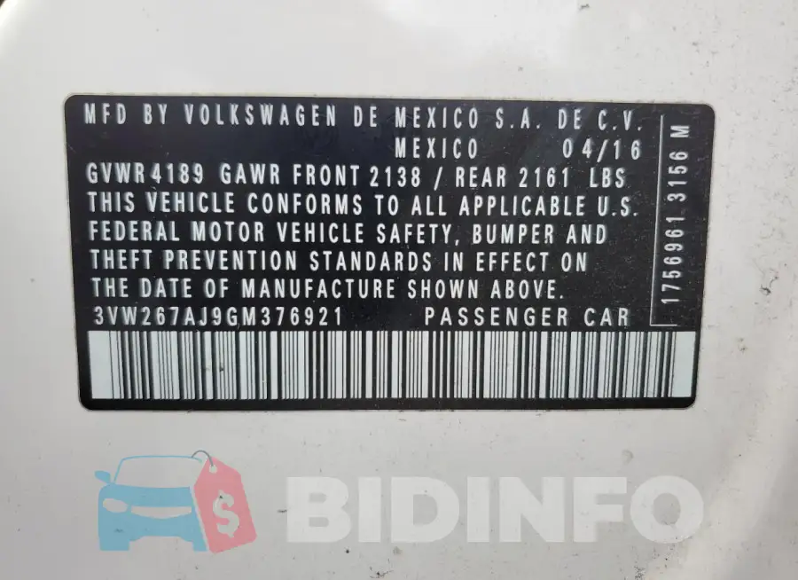 3VW267AJ9GM376921 Photo# 12