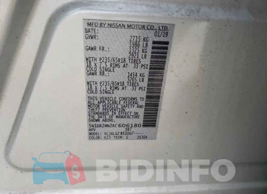 5N1DR2MN2KC606180 Photo# 12
