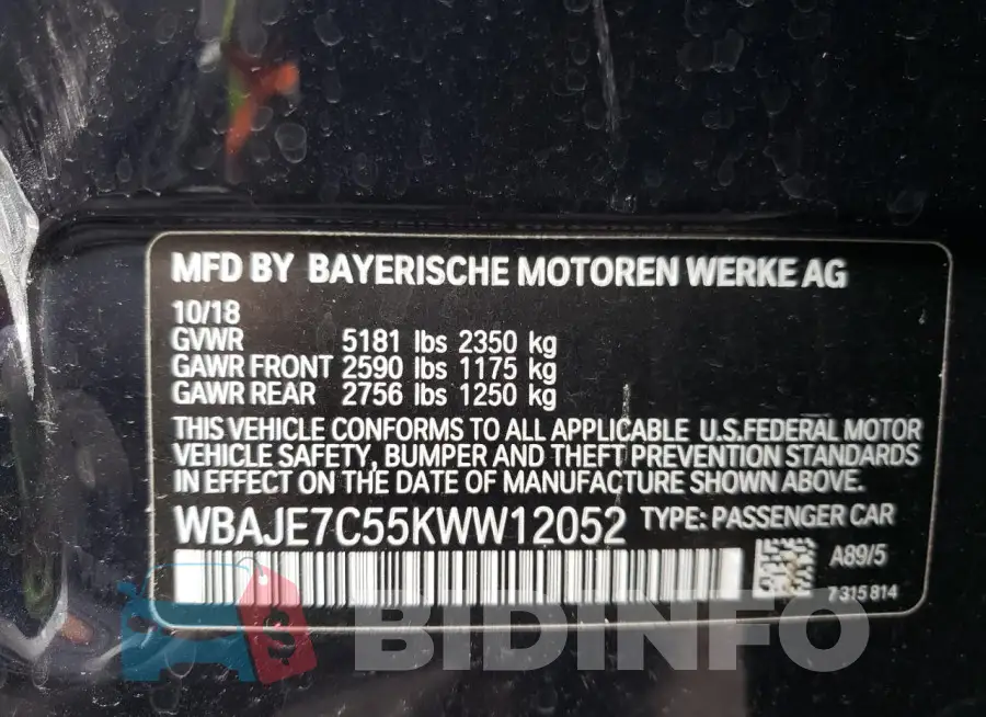 WBAJE7C55KWW12052 Photo# 12