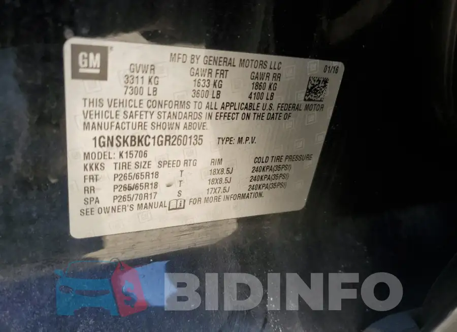 1GNSKBKC1GR260135 Photo# 13