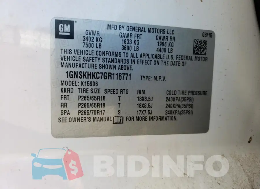 1GNSKHKC7GR116771 Photo# 12