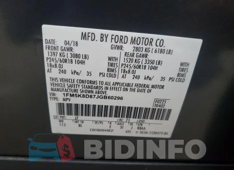 1FM5K8D87JGB60296 Photo# 13