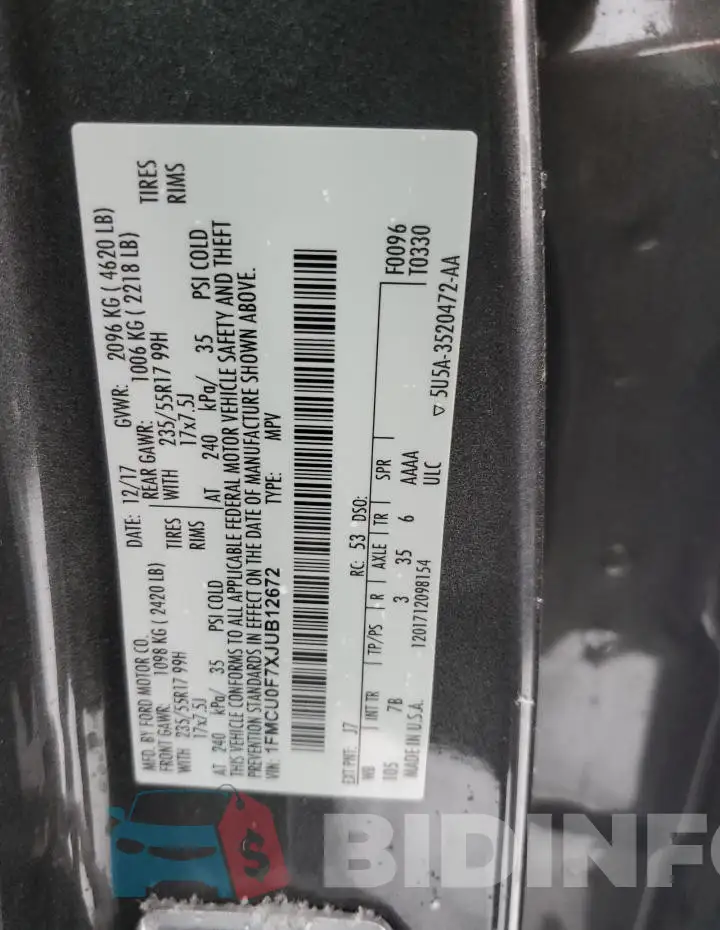 1FMCU0F7XJUB12672 Photo# 12