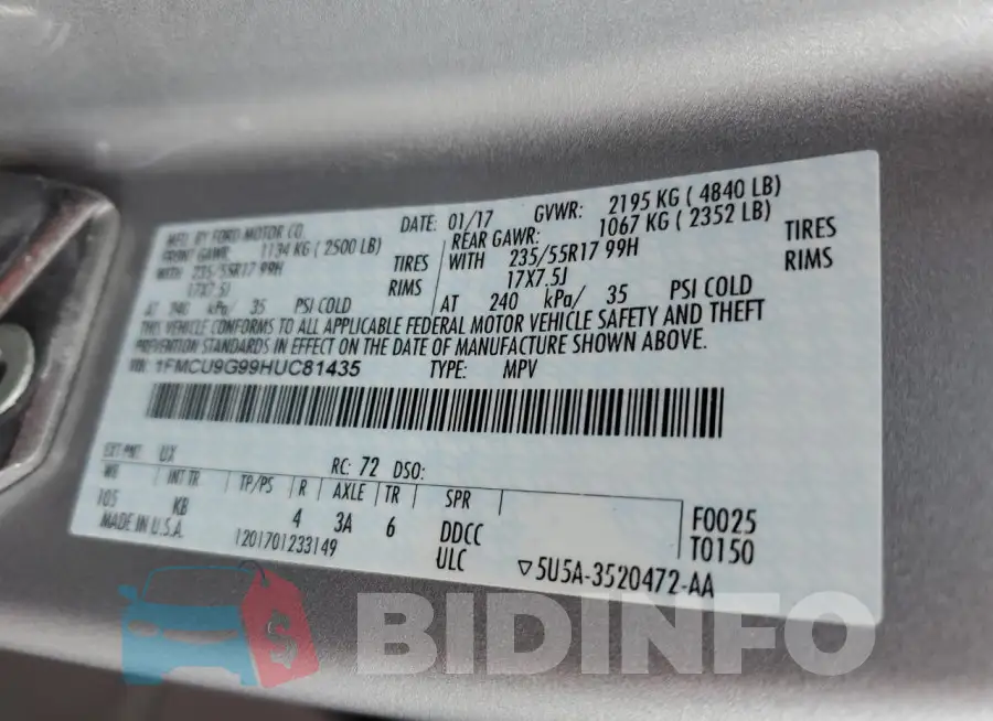 1FMCU9G99HUC81435 Photo# 14