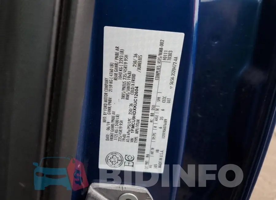 1FMCU9HDXKUC12604 Photo# 13
