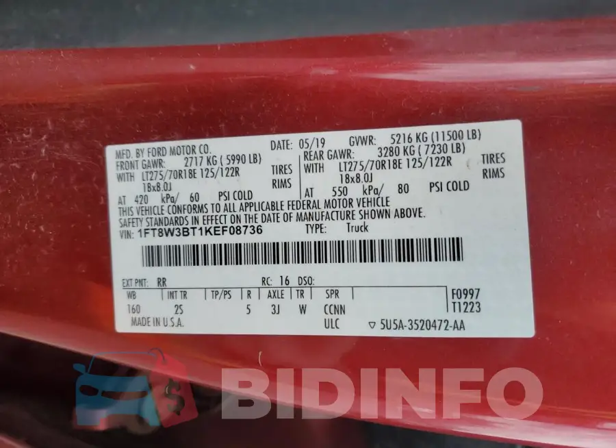 1FT8W3BT1KEF08736 Photo# 13
