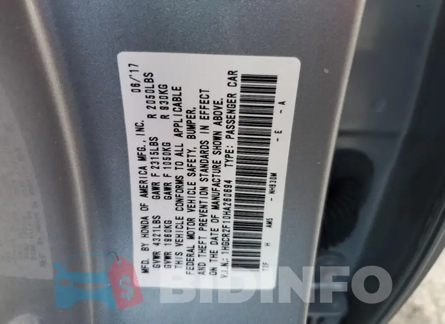 1HGCR2F10HA260694 Photo# 12