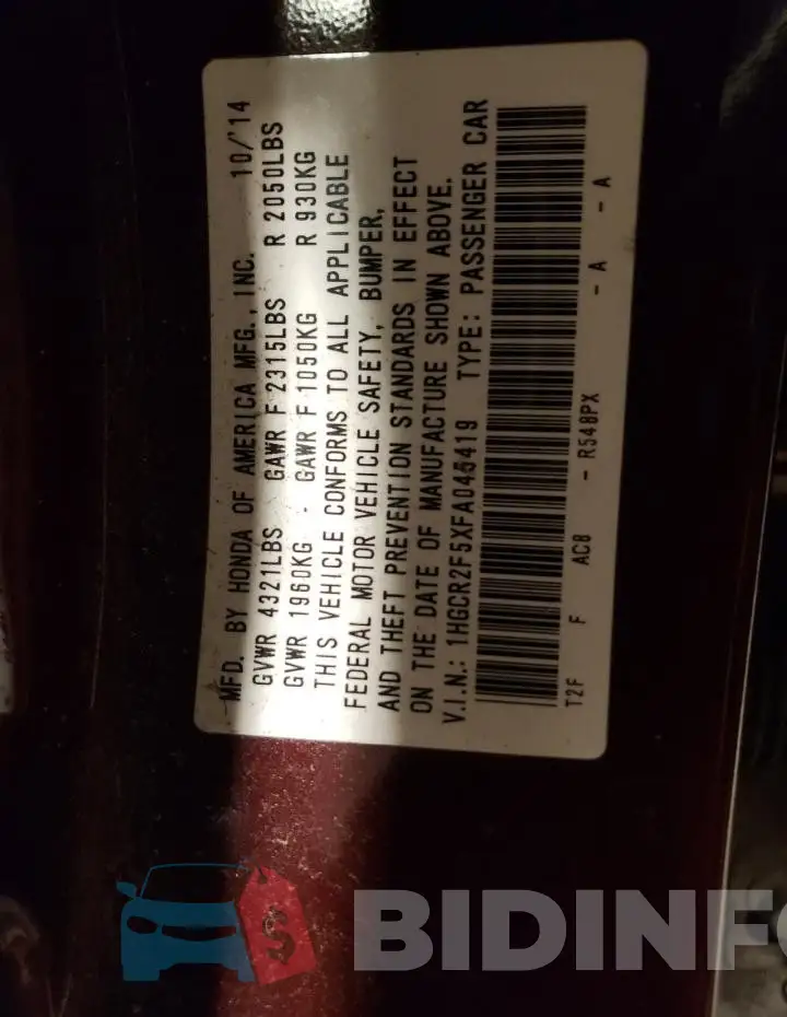 1HGCR2F5XFA045419 Photo# 13