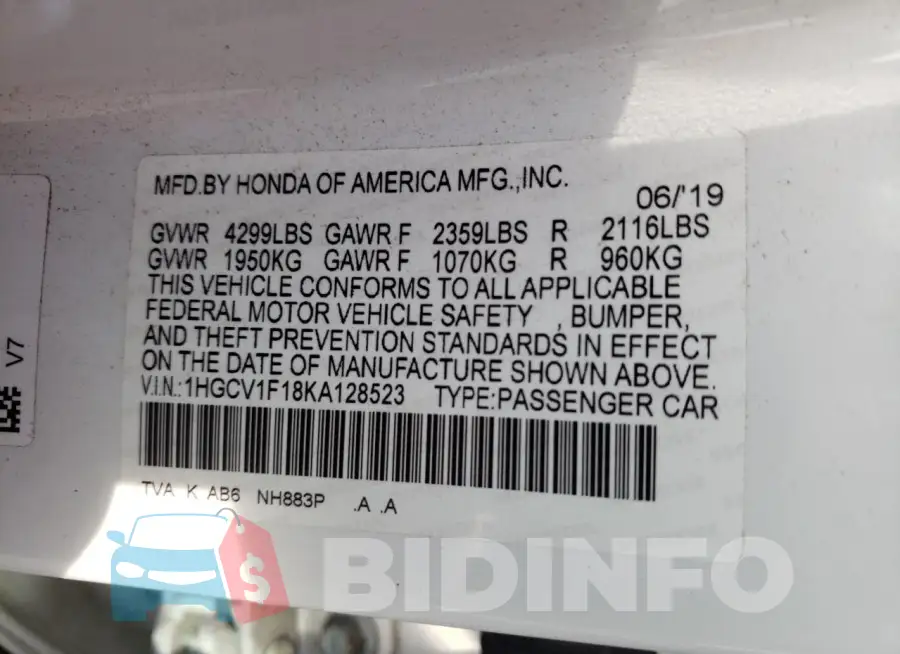 1HGCV1F18KA128523 Photo# 12
